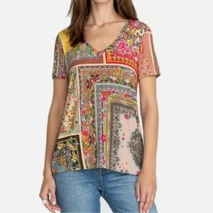 JOHNNY WAS Calloway Favorite V-Neck Patchwork Printed T-Shirt‎ size S